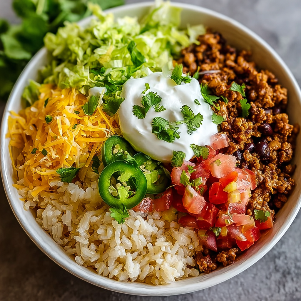 A bowl of rice with beans, cheese, and tomatoes.