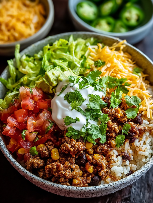 A bowl of rice with meat, cheese, and lettuce.