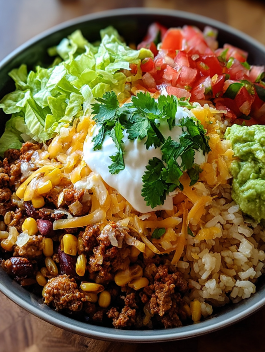 A bowl of rice with meat, cheese, and tomatoes.