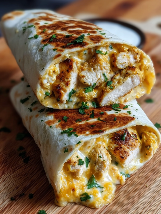 A burrito with chicken and cheese.