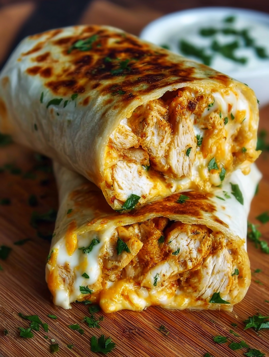 A chicken burrito with cheese and sauce.