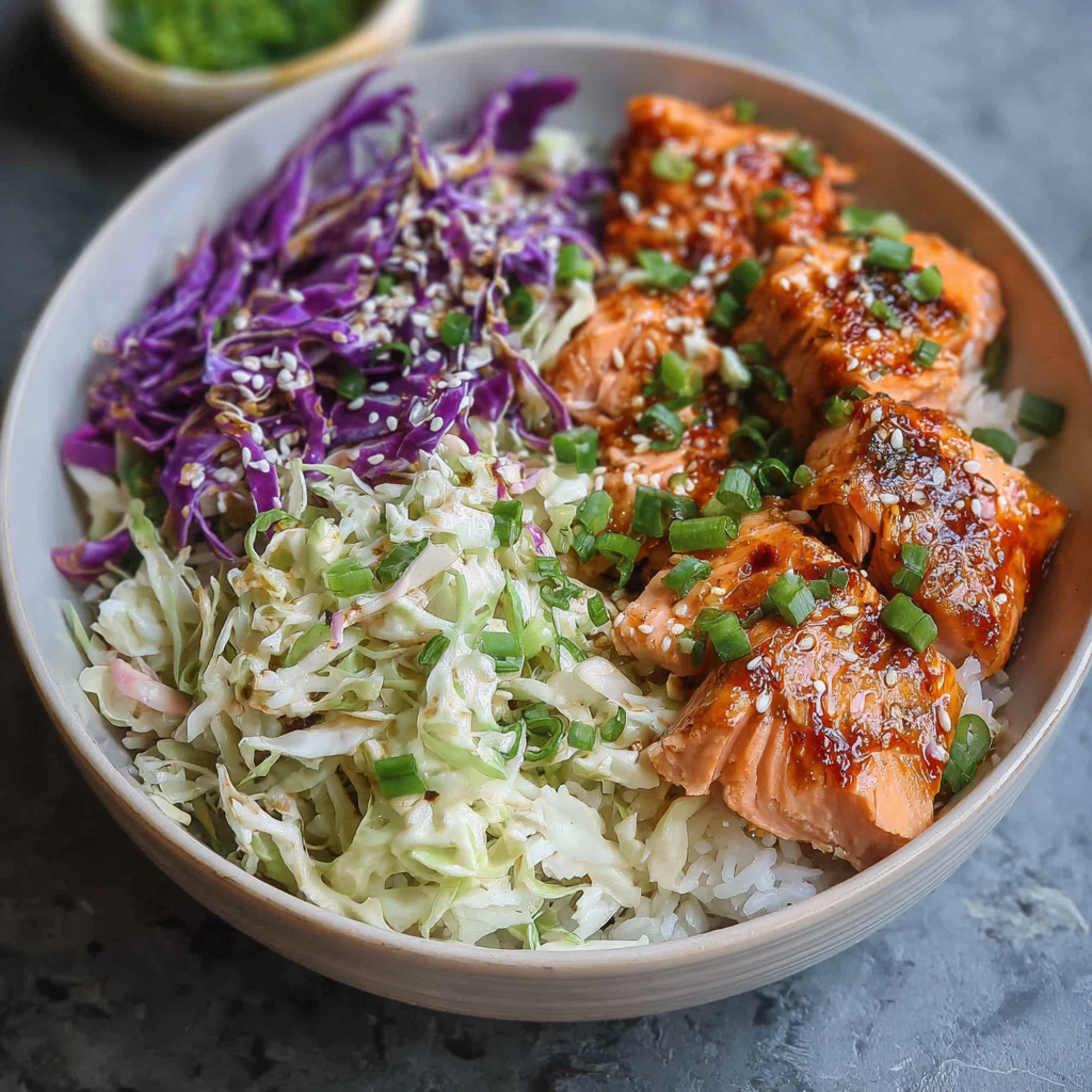 A bowl of spicy salmon with vegetables.