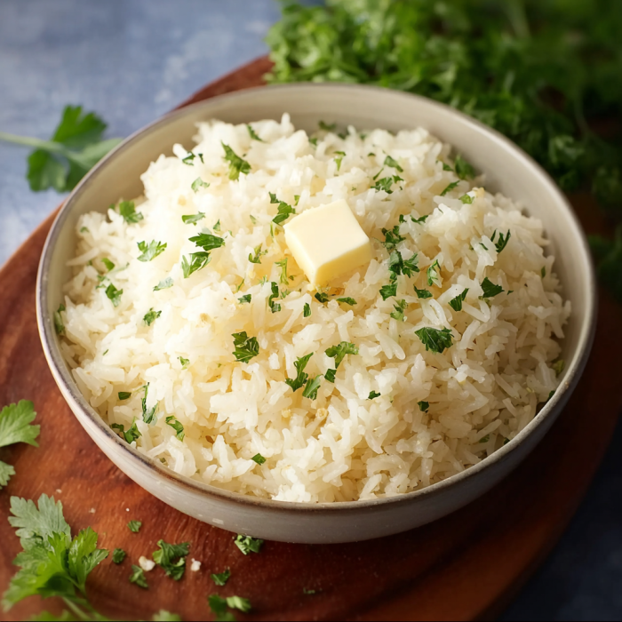 A bowl of rice with butter on top.