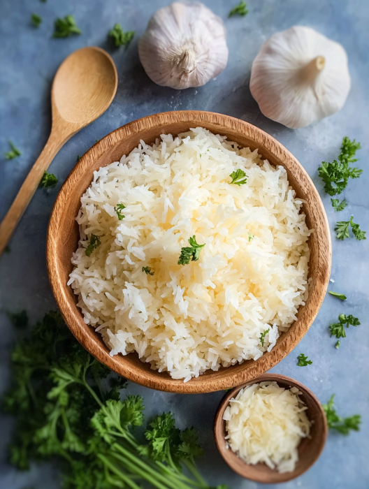 A bowl of rice with garlic butter and parsley.