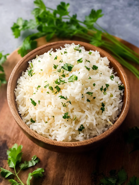 A bowl of rice with green herbs on top.