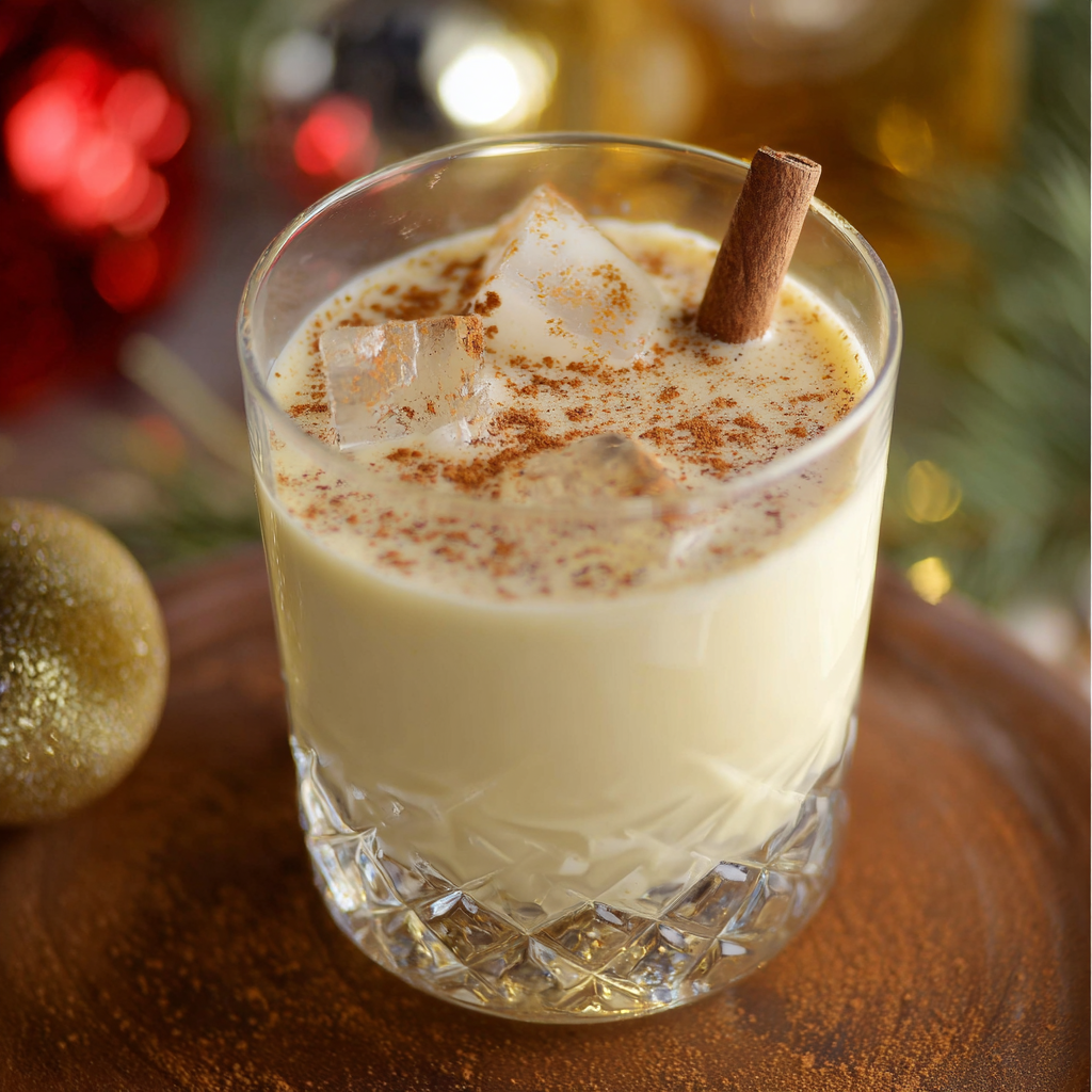 A glass of eggnog with a cinnamon stick in it.