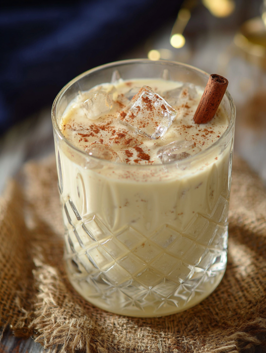 A glass of milk with ice and cinnamon.