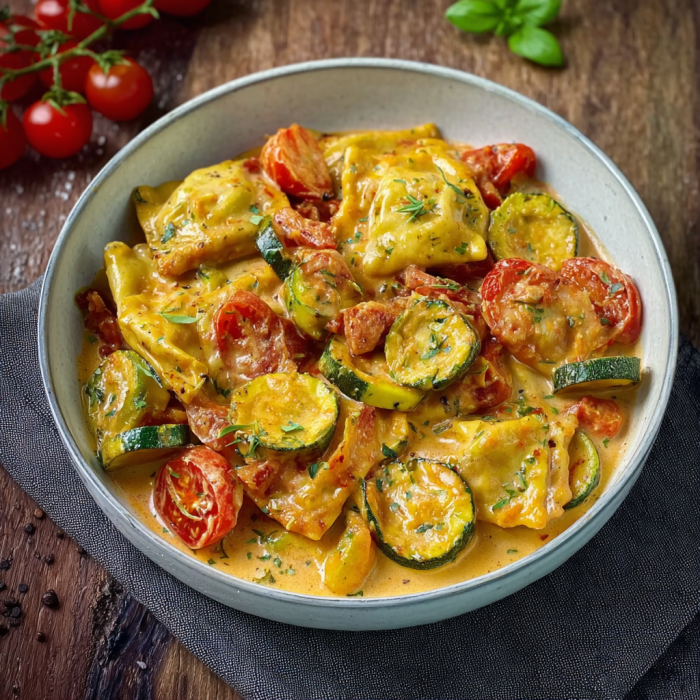 A bowl of food with tomatoes and zucchini.