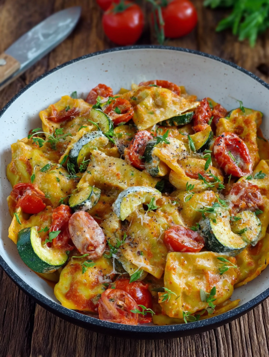 A bowl of pasta with tomatoes and zucchini.