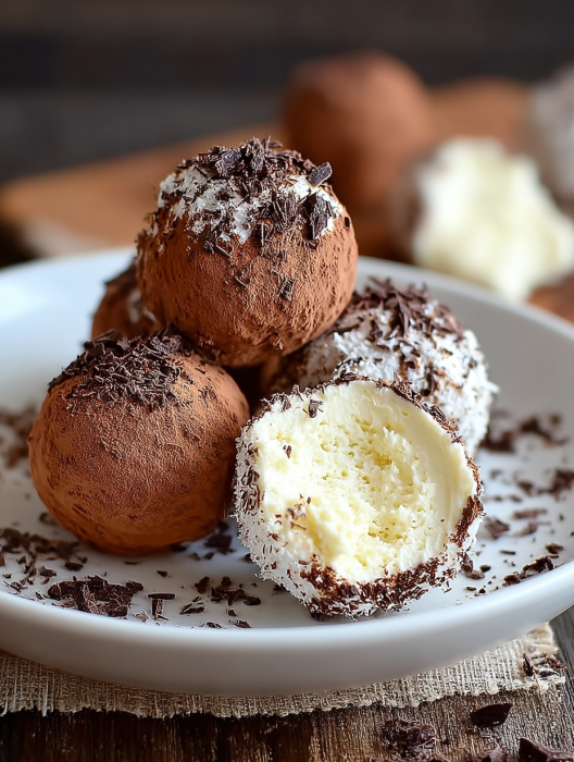 A plate of chocolate covered truffles.