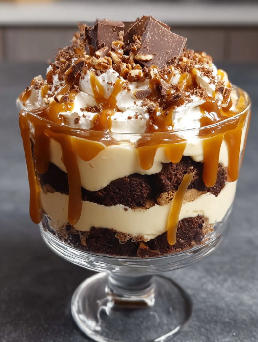 A delicious dessert with caramel and chocolate.