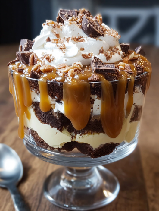 A delicious dessert with caramel and chocolate.