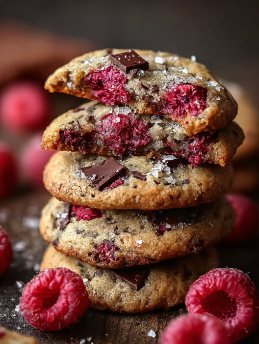 Three stacked cookies with chocolate chunks and raspberry toppings.