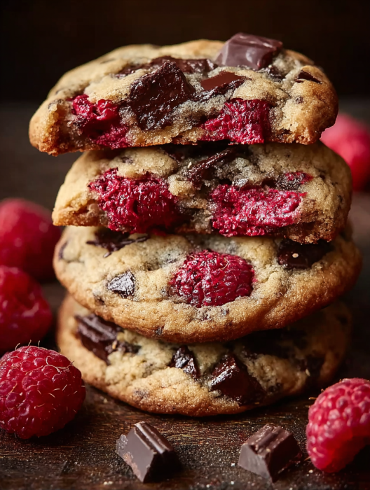 Three stacked chocolate chip cookies with raspberry toppings.