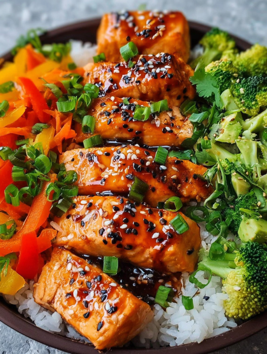 A bowl of food with chicken, broccoli, and carrots.