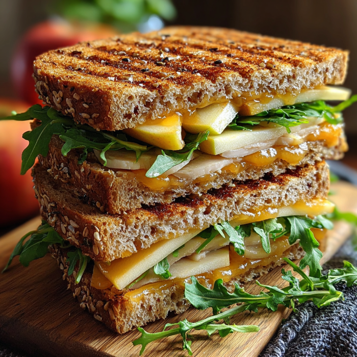 A sandwich with cheese, turkey, and lettuce on a wooden cutting board.