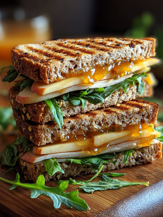 A stack of three sandwiches with cheese and apple.