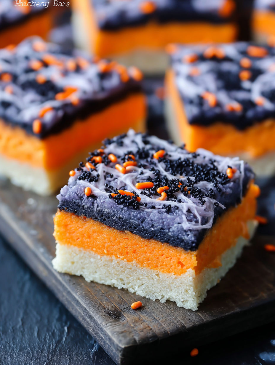 Halloween sugar cookie bars on a wooden table.