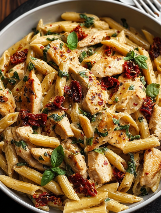 A delicious pasta dish with chicken and herbs.