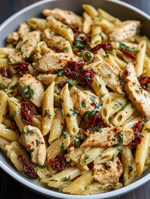 A bowl of chicken and pasta.