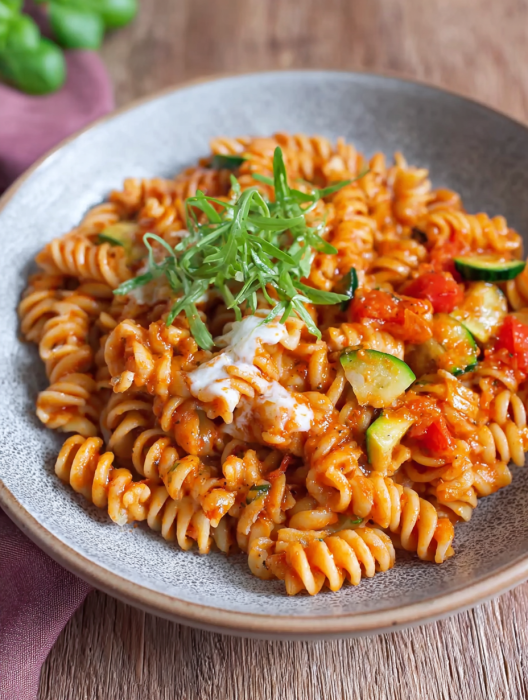 A plate of pasta with vegetables and cheese.