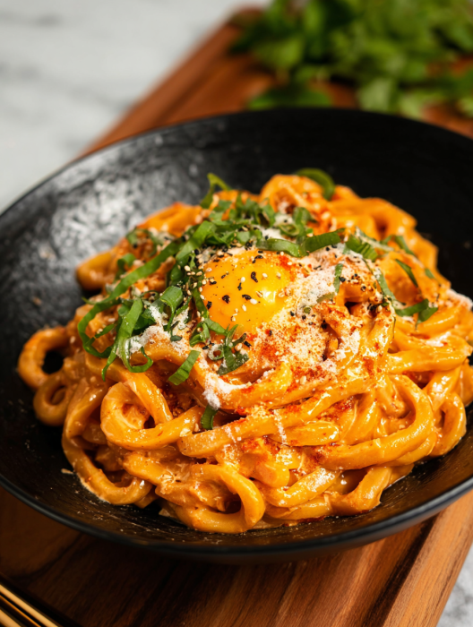 A bowl of pasta with a fried egg on top.
