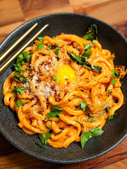 A bowl of pasta with a fried egg on top.
