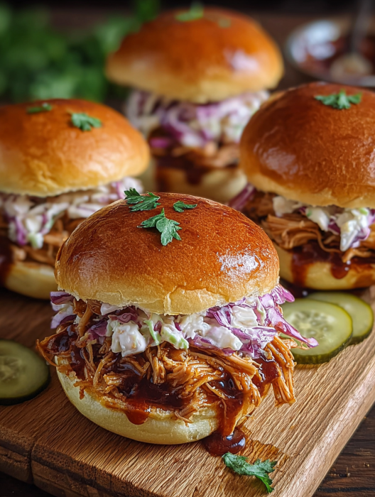 A plate of BBQ Pulled Chicken Sliders.