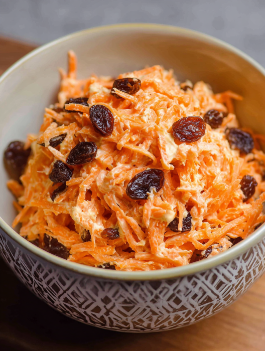 A bowl of shredded carrots with raisins.