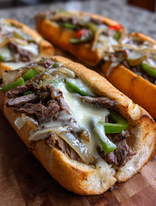 A close up of a Philly cheesesteak roll.
