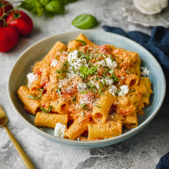 A bowl of pasta with cheese and tomatoes.