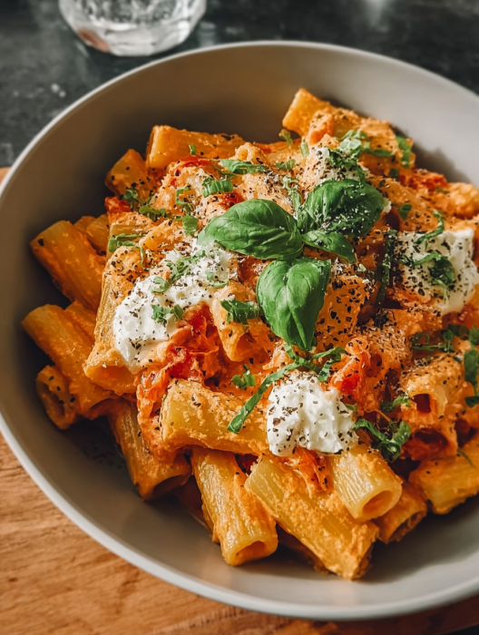A bowl of pasta with white sauce and green leaves.