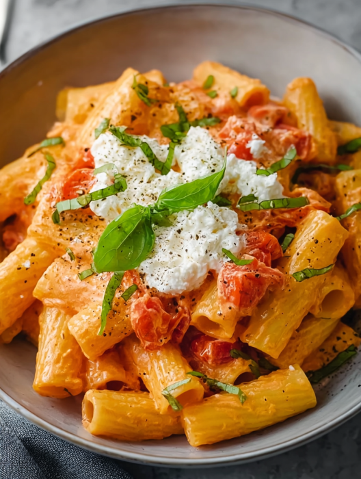 A bowl of pasta with tomatoes and cheese.