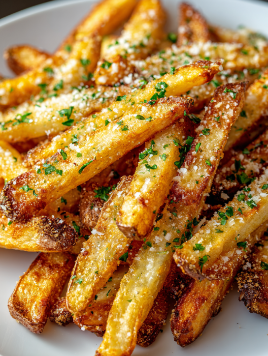 A plate of french fries with parsley sprinkled on top.