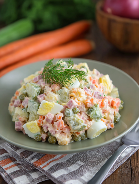 A plate of Russian Olivier Salad.