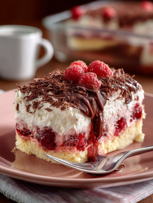 A slice of cake with chocolate and raspberry toppings.
