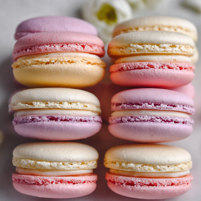 A stack of macarons with different colors.