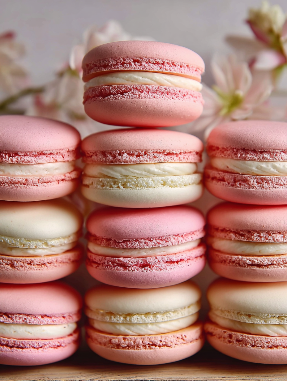 A stack of macaroons with pink and white frosting.