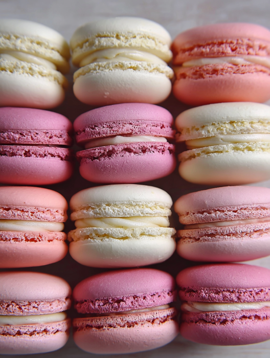 A stack of macaroons with pink and white frosting.