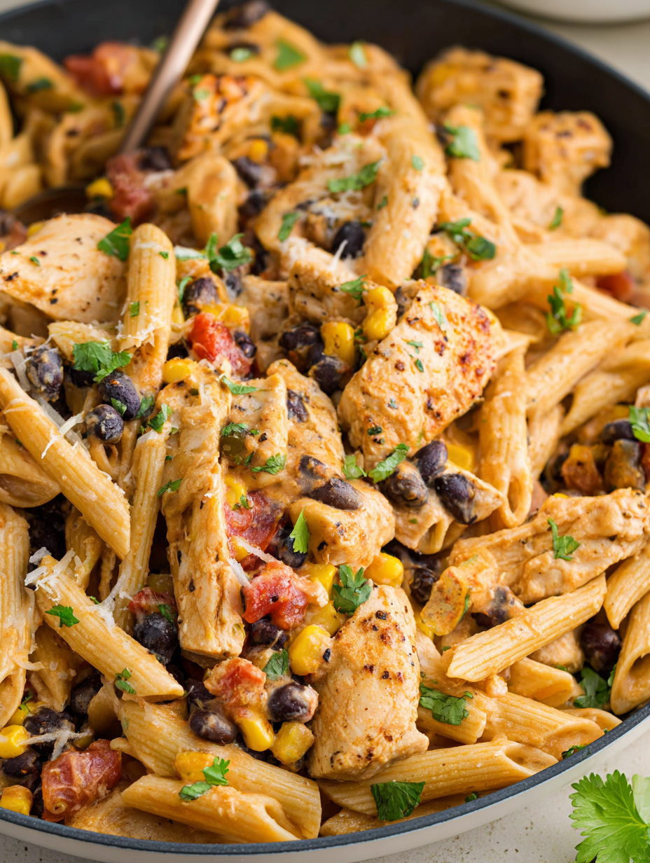 A bowl of pasta with chicken and vegetables.