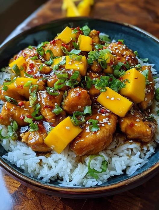 A bowl of chicken and rice with a side of mango.