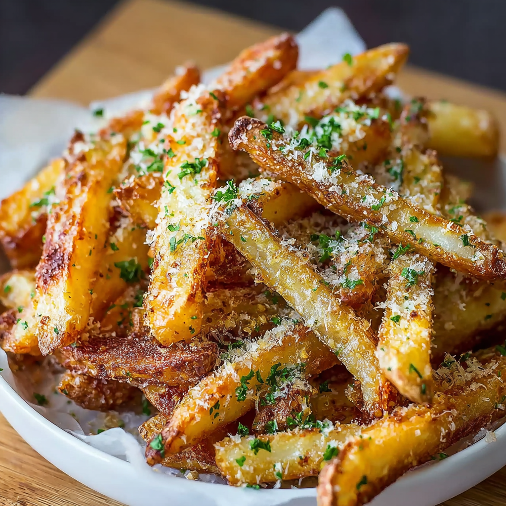 A plate of crispy baked parmesan garlic fries.