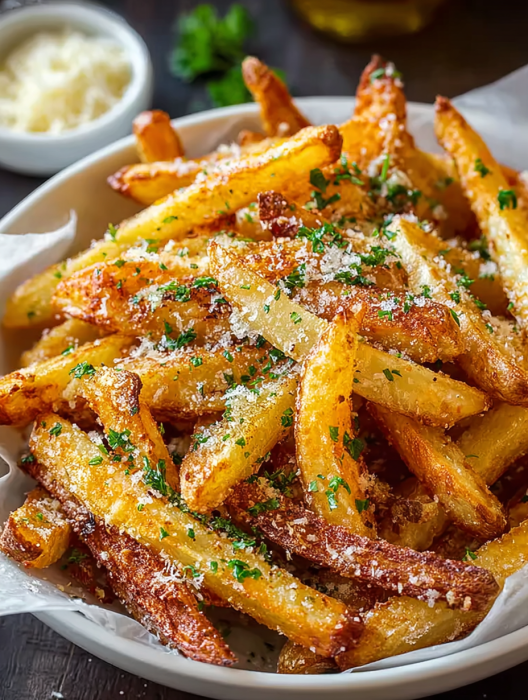 A bowl of french fries with cheese and herbs.