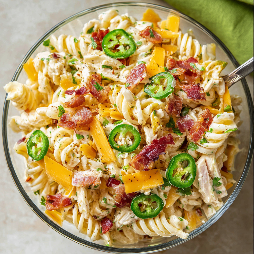 A bowl of Jalapeno Popper Pasta Salad.