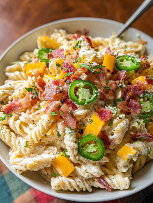 A bowl of pasta salad with jalapenos and bacon.