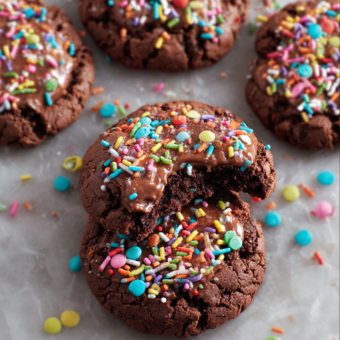 A close up of a chocolate cookie with chocolate drizzle and sprinkles.