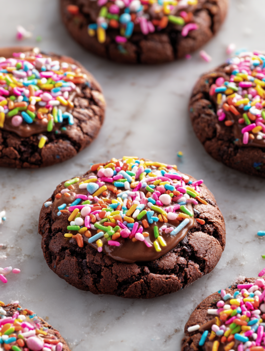 Chocolate chip cookies with chocolate drizzle and sprinkles.