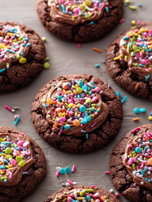 Chocolate chip cookies with chocolate frosting and sprinkles.