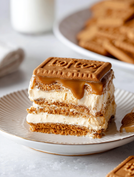 A slice of cake with caramel sauce on top.