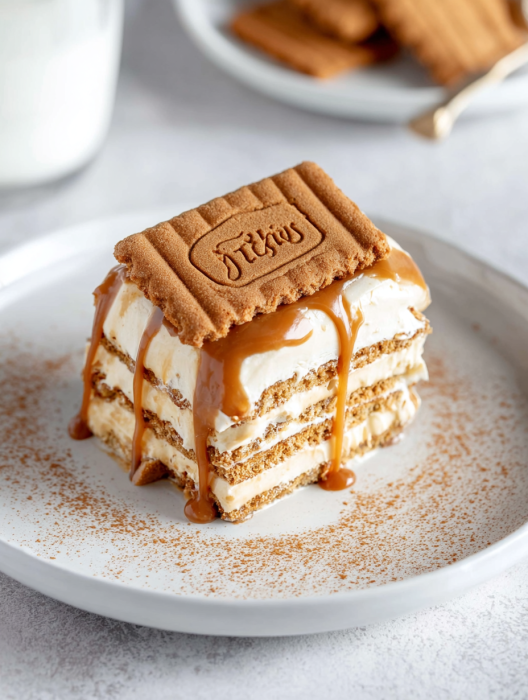 A slice of cake with caramel drizzled on top.